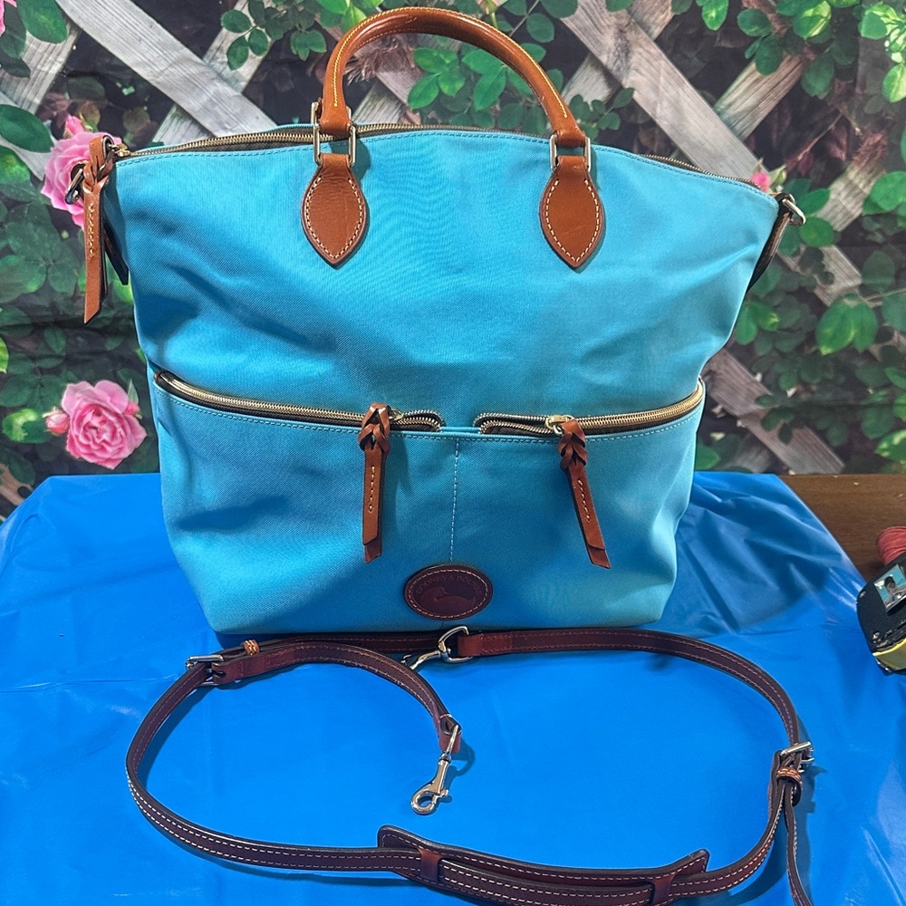 Dooney & Bourke Turquoise Canvas Tote with Tan Leather Trim